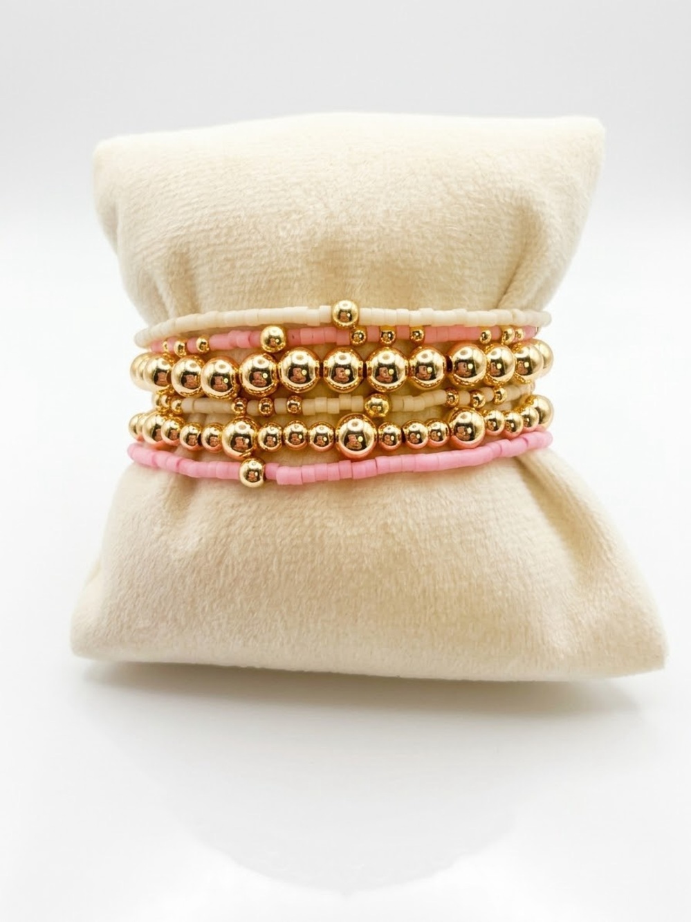 Gold White and Pink Beaded stack 6 bracelets ENewton themed stack.
